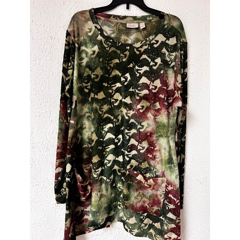 LOGO Lori Goldstein Green Burgundy Abstract Burnout Tunic Top 1X Pocket